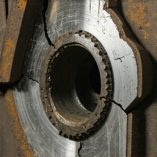 A close up view of a damaged metallic ABS tone ring on a vehicle axle showing rust and a crack.