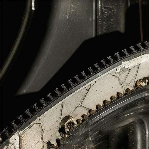 Close-up of a worn timing belt showing severe cracking and fraying before failure.
