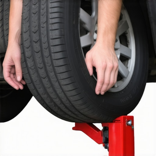 Hands performing a 3 and 9 o'clock steering component diagnostic test on a car tire.