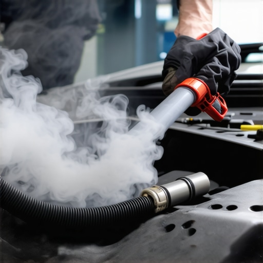 Detecting an engine vacuum leak Mechanic checking for vacuum leaks in a car engine using smoke to identify cracks.