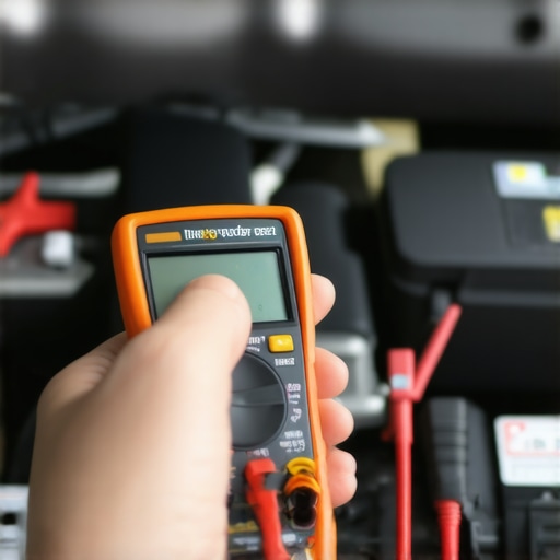 A person using a digital multimeter to test automotive electrical systems under the hood.