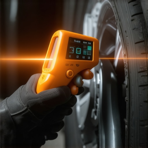 A mechanic using an infrared thermometer to check brake rotor temperature for diagnostic purposes.