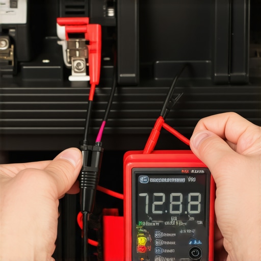Digital Multimeter Testing a Car Battery Close-up of a digital multimeter measuring voltage on a vehicle battery for diagnostics.