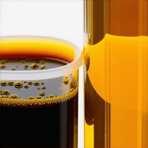 A comparison showing the difference between old moisture-contaminated brake fluid and fresh new fluid.