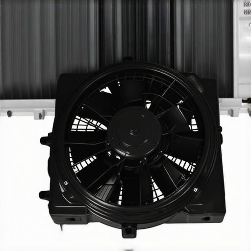 Electric cooling fan inspection Close up of a car radiator cooling fan and motor assembly