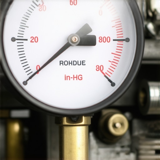 Engine Vacuum Gauge Diagnostic Test Close-up of a mechanical vacuum gauge connected to an engine intake manifold showing a healthy vacuum reading.