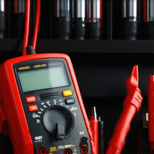 Digital multimeter testing a car battery in a garage setting