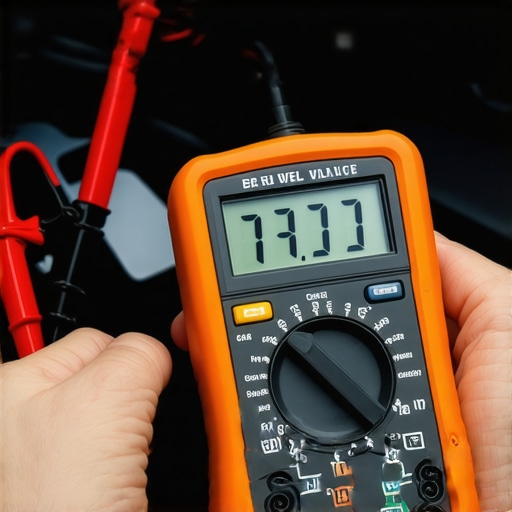 Essential Battery Diagnostic Tooling Close-up of a digital multimeter testing a car battery voltage.