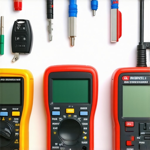 Multimeter and OBD-II scanner on a workshop table for vehicle diagnostics.