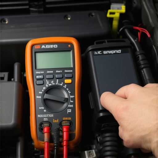 A digital multimeter and OBD-II scanner being used for vehicle diagnostics on a car engine.