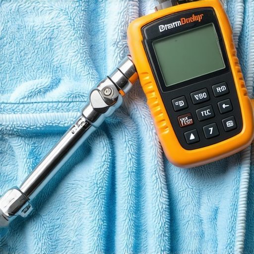 Essential Diagnostic and Precision Tools A digital torque wrench and OBDII scanner on a car engine cloth.