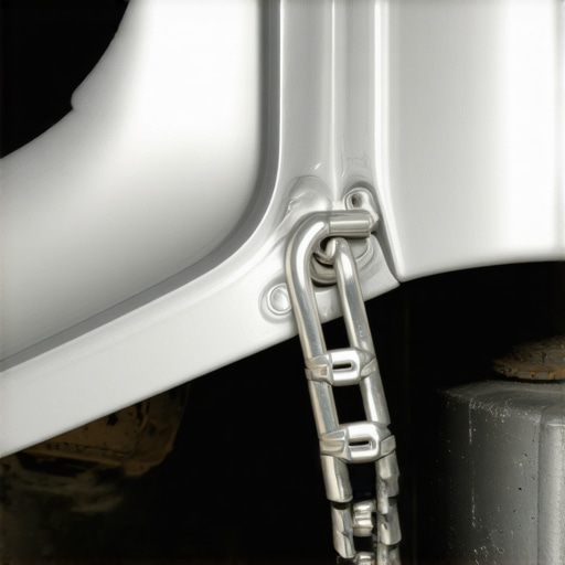 A stainless steel hose clamp securing a loose heat shield to a car's exhaust pipe.