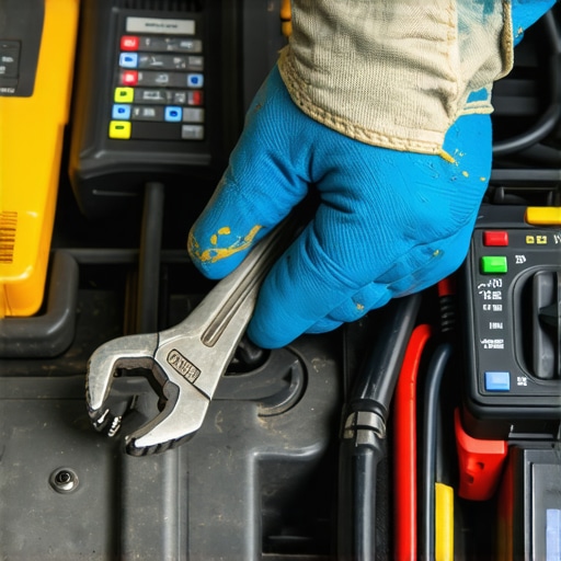 Fixing car battery terminal corrosion A person tightening a car battery terminal with a wrench to fix a clicking starter
