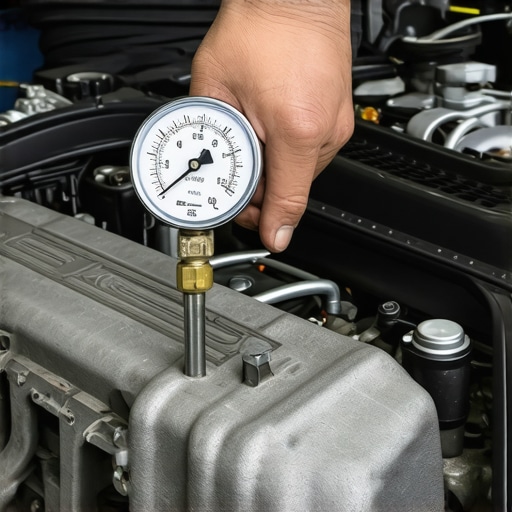 Close-up of a fuel pressure gauge being connected to a car engine to diagnose a failing fuel pump.