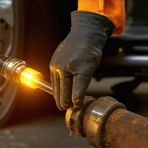 Heating a Rusted Bolt to Break the Bond A mechanic applying heat to a seized car bolt using a torch.