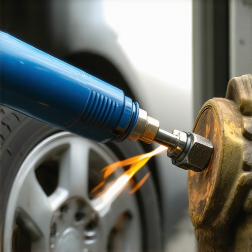 Mechanic using a torch to loosen a rusted lug nut on a vehicle wheel.