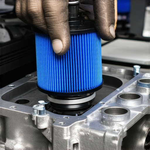 Close up of a mechanic installing a premium oil filter on an engine block