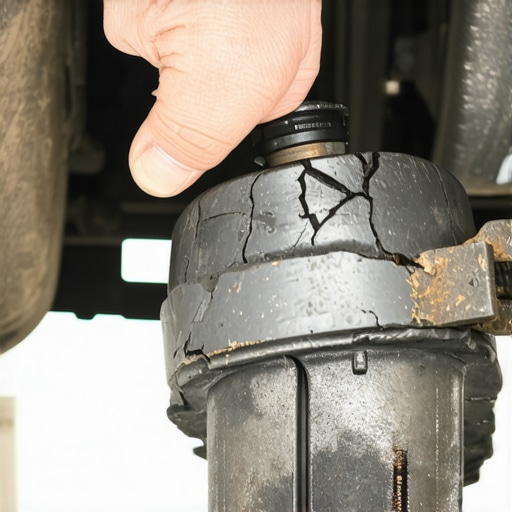 Identifying Worn Suspension Bushings Close-up of a damaged rubber suspension bushing showing cracks and wear.