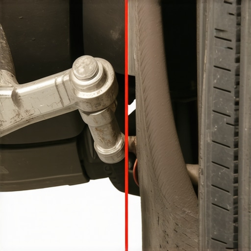 Identifying a Bent Control Arm During Inspection Comparison of a bent control arm and a new replacement part under a car.