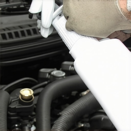A person testing engine hoses for vacuum leaks using a spray bottle in a home garage.