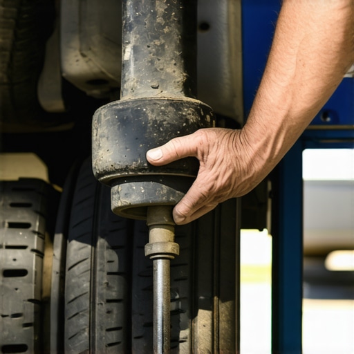 A mechanic checks for internal steering rack failure by inspecting the dust boots for hydraulic fluid.