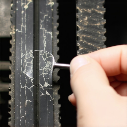 Inspecting Timing Belt Teeth for Cracks Close-up of a damaged car timing belt with visible cracks and worn-down teeth during a diagnostic check.