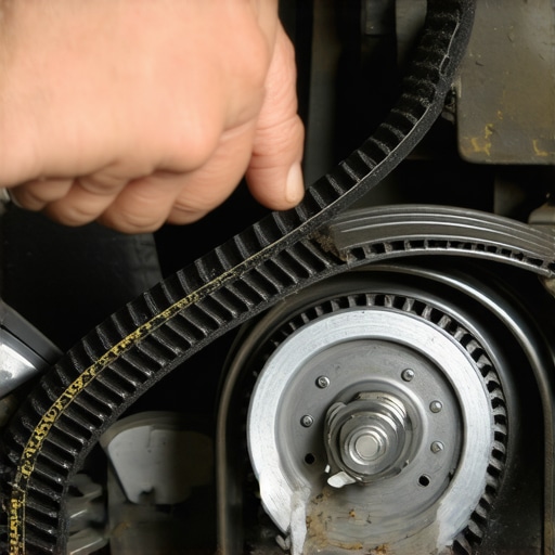 Close-up of a hand checking the tension of a serpentine belt in a vehicle engine bay.