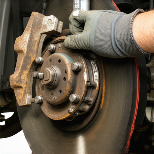 A mechanic inspecting a rusted brake caliper causing a vehicle to pull to the left.