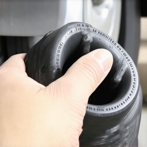 A hand squeezing a damaged CV axle boot to check for internal wear and grease leakage.