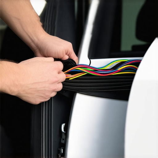A mechanic inspecting frayed wires inside a rubber door boot to fix flickering locks.