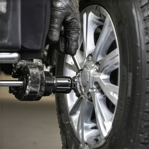 Inspecting car suspension for vibrations Mechanic using a pry bar to check for play in car ball joints and suspension components.