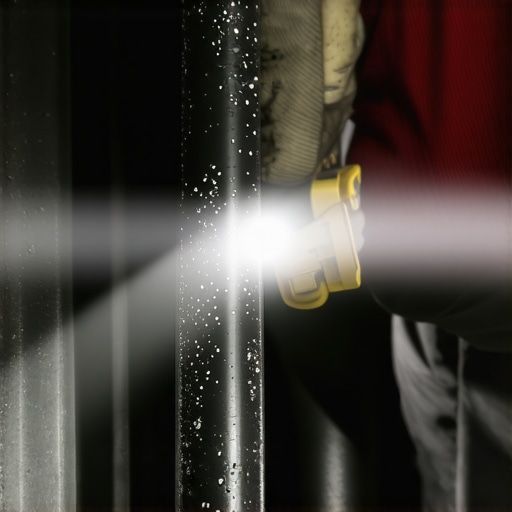 Inspecting engine for coolant residue Mechanic using flashlight to find white coolant leak residue under a car hood.