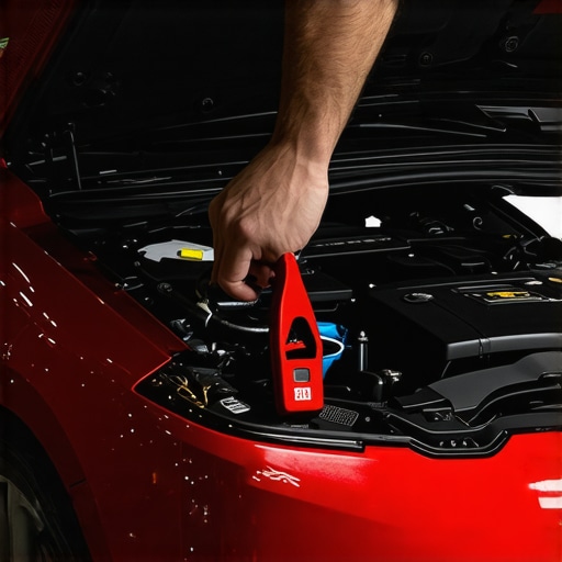 A mechanic's hand indicating the correct positive jump-start post under a car hood