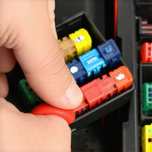 A mechanic's hand using a fuse puller to check the fuel pump fuse in an interior fuse panel.