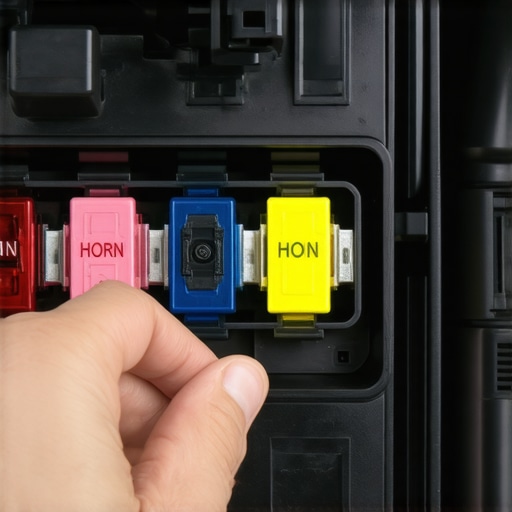 Hand pointing to a horn fuse in a car's engine bay fuse box