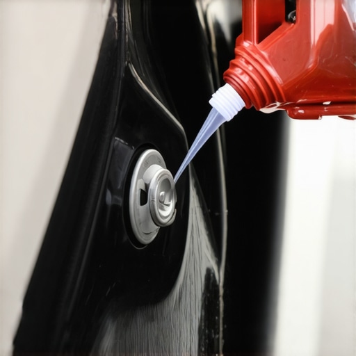 Mechanic spraying lubricant into a car door latch to fix a stuck interior light sensor