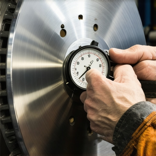 Measuring Brake Rotor Runout with Dial Indicator A technician measuring the precision and warp of a car brake rotor using a specialized dial gauge tool.