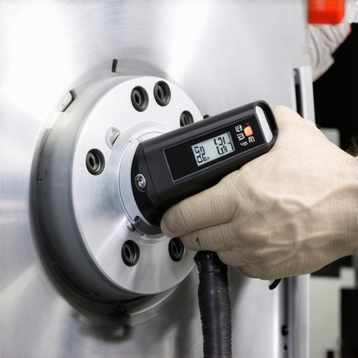 A technician using a dial indicator tool to check for brake rotor warping and runout accuracy.