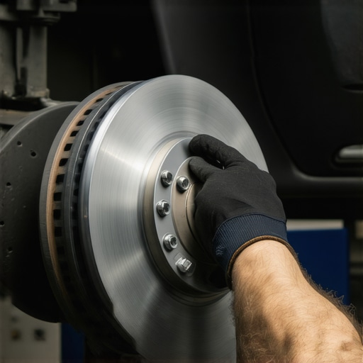 Mechanic performing precision measurement on a brake rotor to ensure safety and performance.