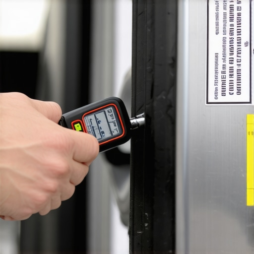 Measuring Tire Pressure with a Digital Gauge A person checking car tire pressure using a digital gauge against the manufacturer door sticker recommendations.