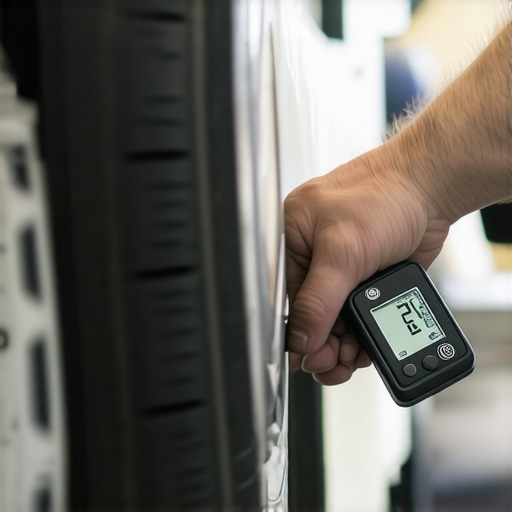 Measuring Tire Tread Depth for Diagnostic Accuracy A mechanic measuring tire tread depth to check for diameter differences that cause pulling.