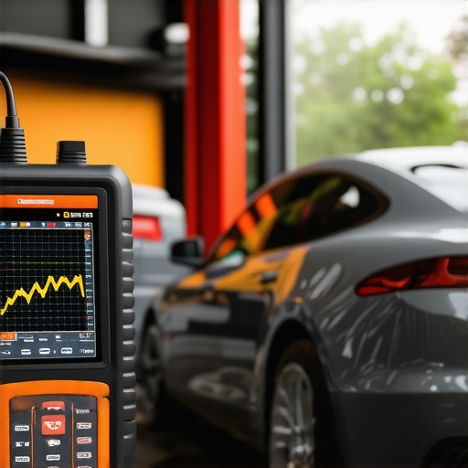 An advanced automotive scan tool displaying engine data in a garage.