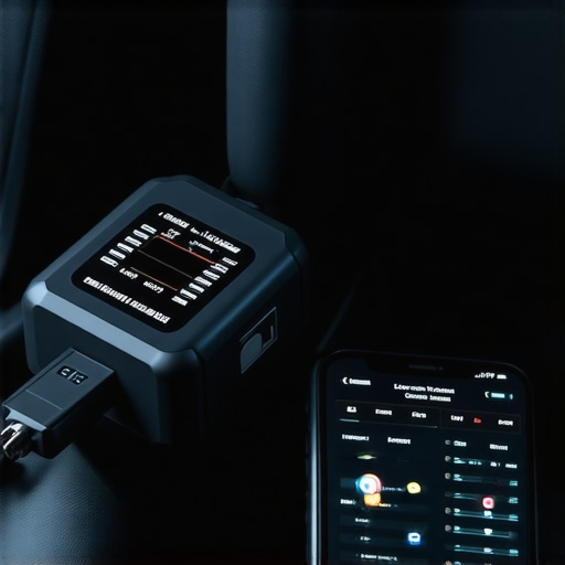 OBD-II scanner plugged into a vehicle port showing live engine data on a phone