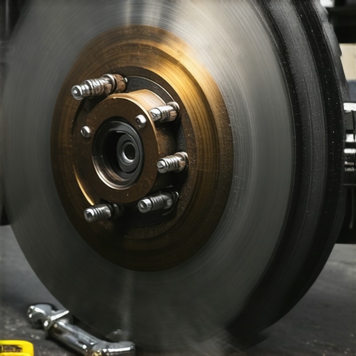 Modern Brake Component Installation Close up of a new brake rotor and pad assembly showing the metallic surface before bedding.