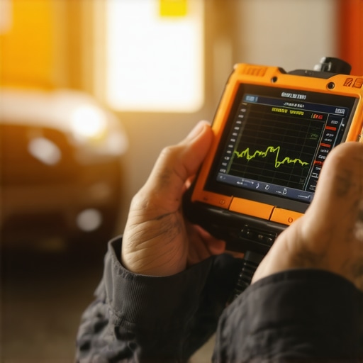 Professional bi-directional scan tool displaying vehicle data graphs in a garage