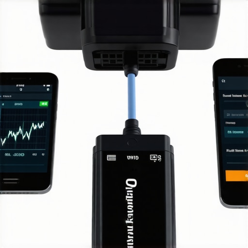 Modern Diagnostic Tools for Engine Vibrations OBDII scanner and smartphone displaying engine live data for vehicle diagnostics