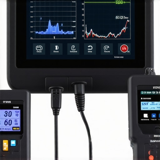 Modern OBD-II Scanner for Live Fuel Trim Data A handheld diagnostic tool displaying engine data graphs in a car interior