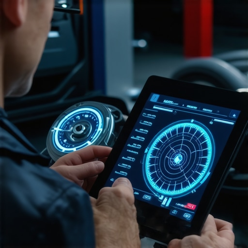 A mechanic using a tablet to calibrate ADAS sensors during a steering wheel vibration diagnosis.