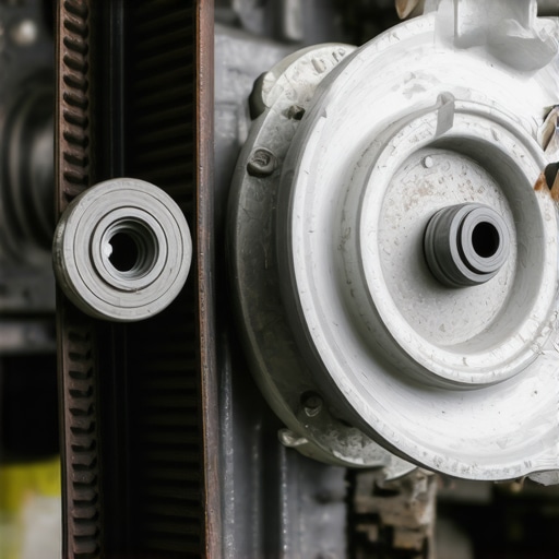 Close up of a new timing belt installed next to an old worn out tensioner pulley