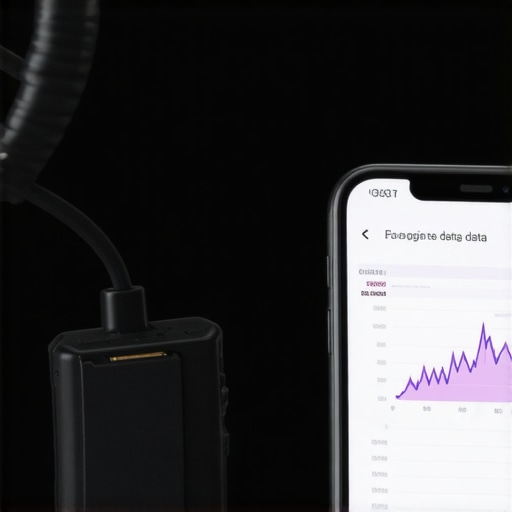 A Bluetooth OBD-II diagnostic tool plugged into a vehicle port showing live data on a smartphone.